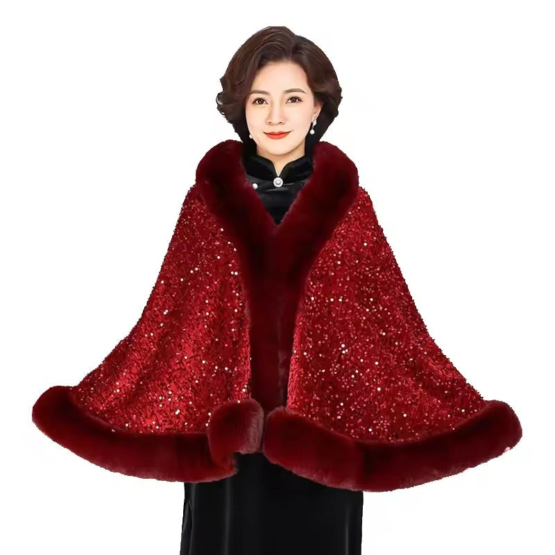 Elegant Shiny Paillette Faux Rex Rabbit Fur Cape Thicken Wraps Coat