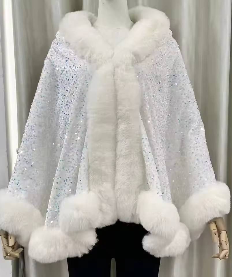 Elegant Shiny Paillette Faux Rex Rabbit Fur Cape Thicken Wraps Coat