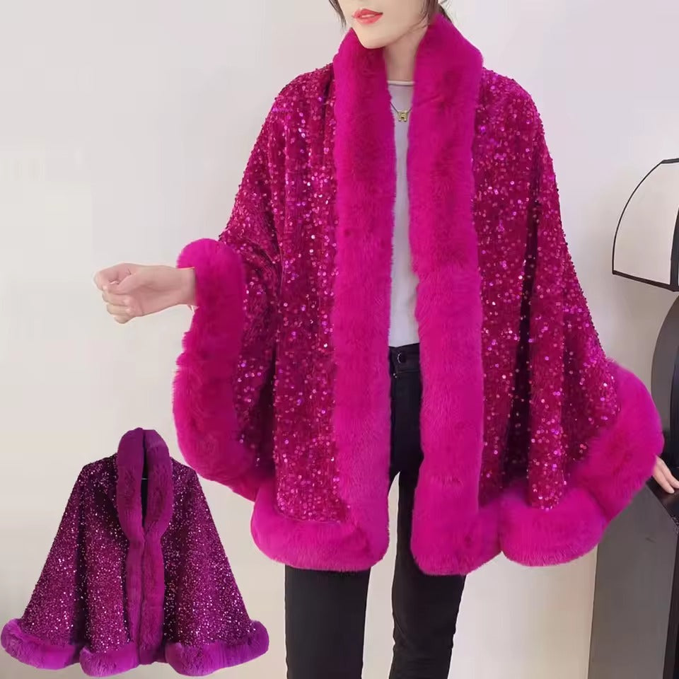 Elegant Shiny Paillette Faux Rex Rabbit Fur Cape Thicken Wraps Coat