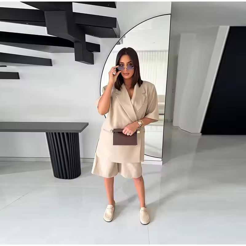 Elegant Short Sleeve Office Lapel Button Shoulder Pad Blazer