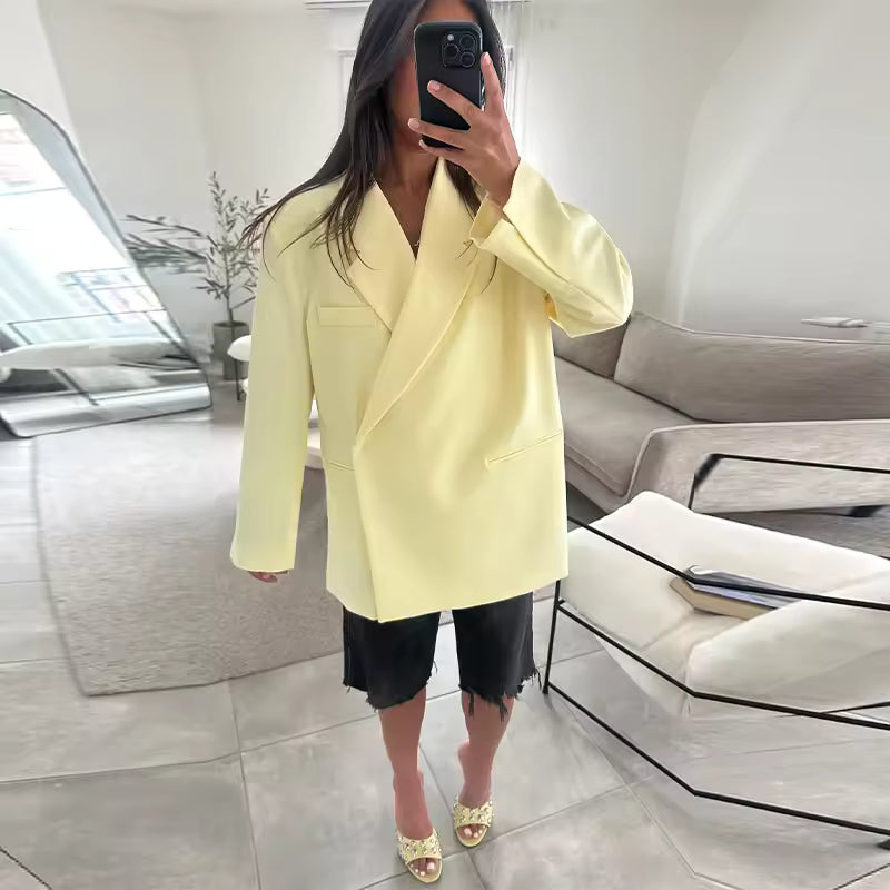 Elegant Standard Short Sleeve Office Lapel Button Shoulder Pad Blazer