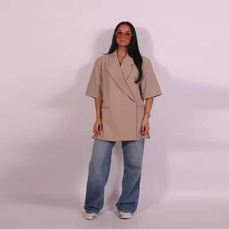 Elegant Short Sleeve Office Lapel Button Shoulder Pad Blazer
