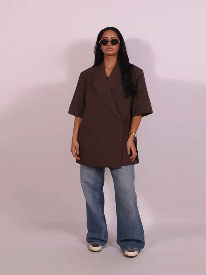 Elegant Short Sleeve Office Lapel Button Shoulder Pad Blazer