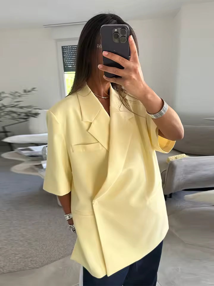 Elegant Short Sleeve Office Lapel Button Shoulder Pad Blazer