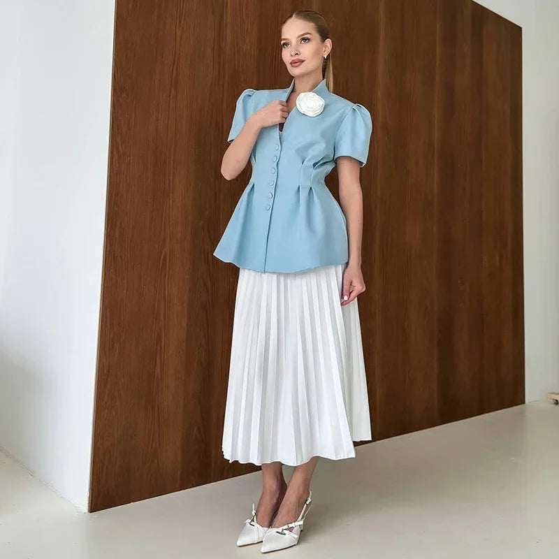 Elegant Single Breasted Short Sleeves Slim Waist 3d Flower Blazer