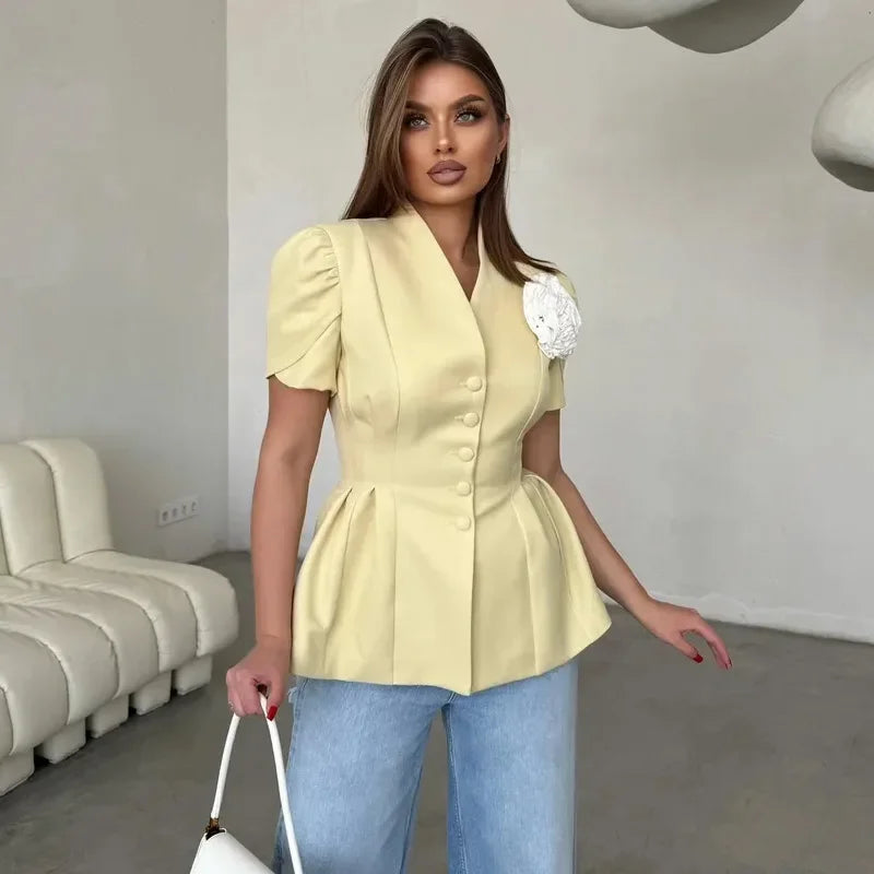 Elegant Single Breasted Short Sleeves Slim Waist 3d Flower Blazer