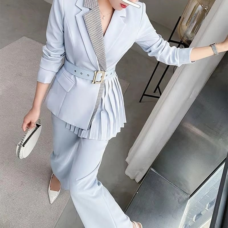 Elegant Single Button Pants And Blazer With Belt 2 Pieces Set