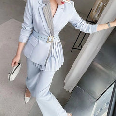 Elegant Single Button Pants And Blazer With Belt 2 Pieces Set