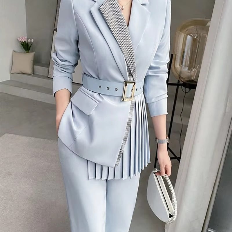 Elegant Single Button Pants And Blazer With Belt 2 Pieces Set