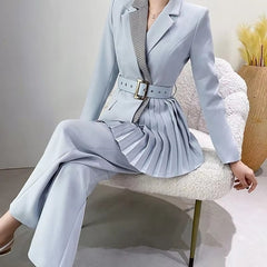 Elegant Single Button Pants And Blazer With Belt 2 Pieces Set