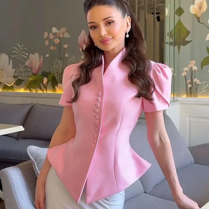 Elegant Sleeve Stand Collar Single Breasted Waist Slim Blazer