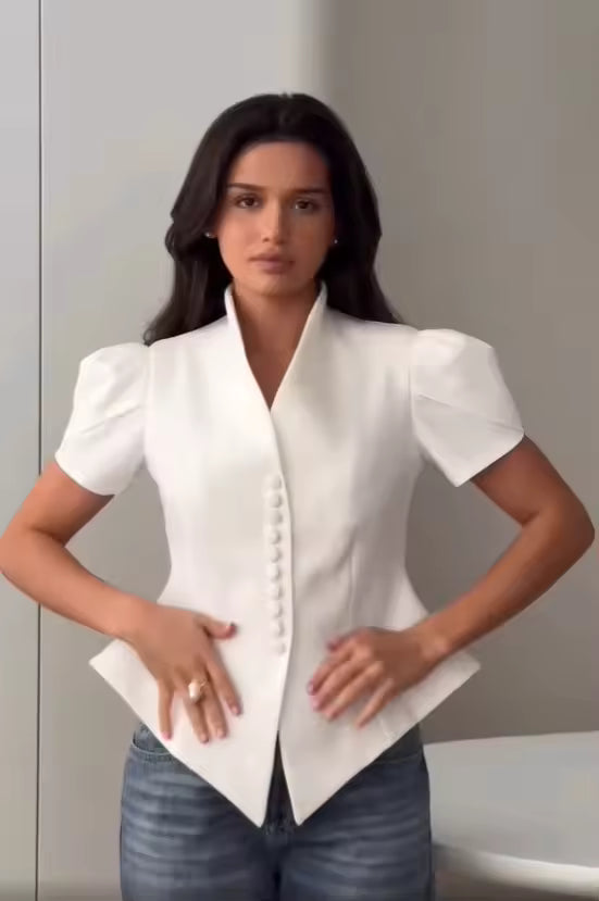Elegant Sleeve Stand Collar Single Breasted Waist Slim Blazer