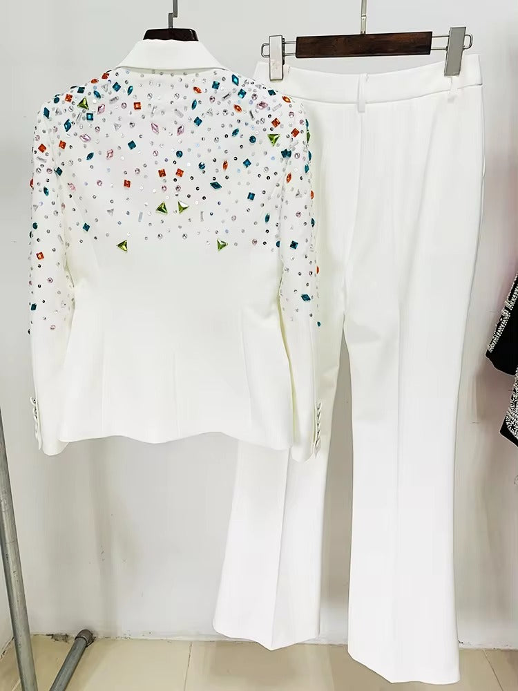 Elegant Slim Fitting Strass Diamonds Beaded Blazer Pants Suit Set