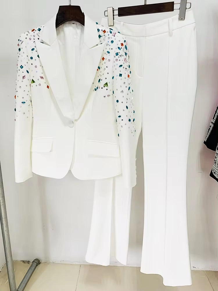 Elegant Slim Fitting Strass Diamonds Beaded Blazer Pants Suit Set