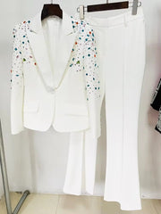 Elegant Slim Fitting Strass Diamonds Beaded Blazer Pants Suit Set