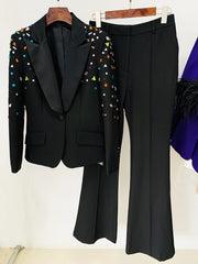 Elegant Slim Fitting Strass Diamonds Beaded Blazer Pants Suit Set