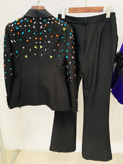 Elegant Slim Fitting Strass Diamonds Beaded Blazer Pants Suit Set