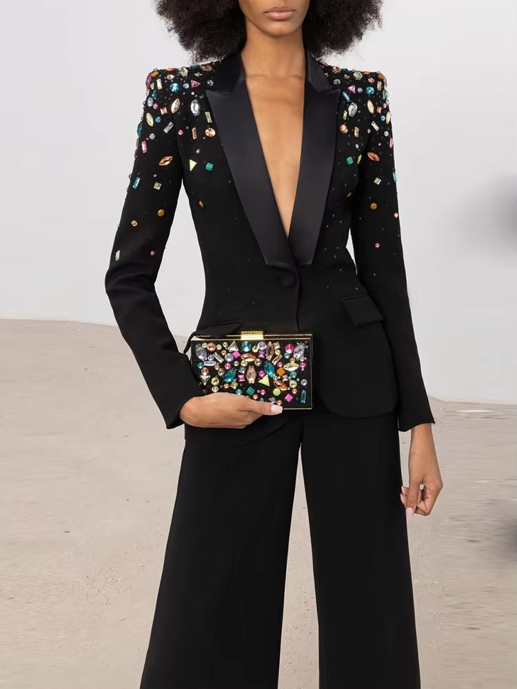 Elegant Slim Fitting Strass Diamonds Beaded Blazer Pants Suit Set