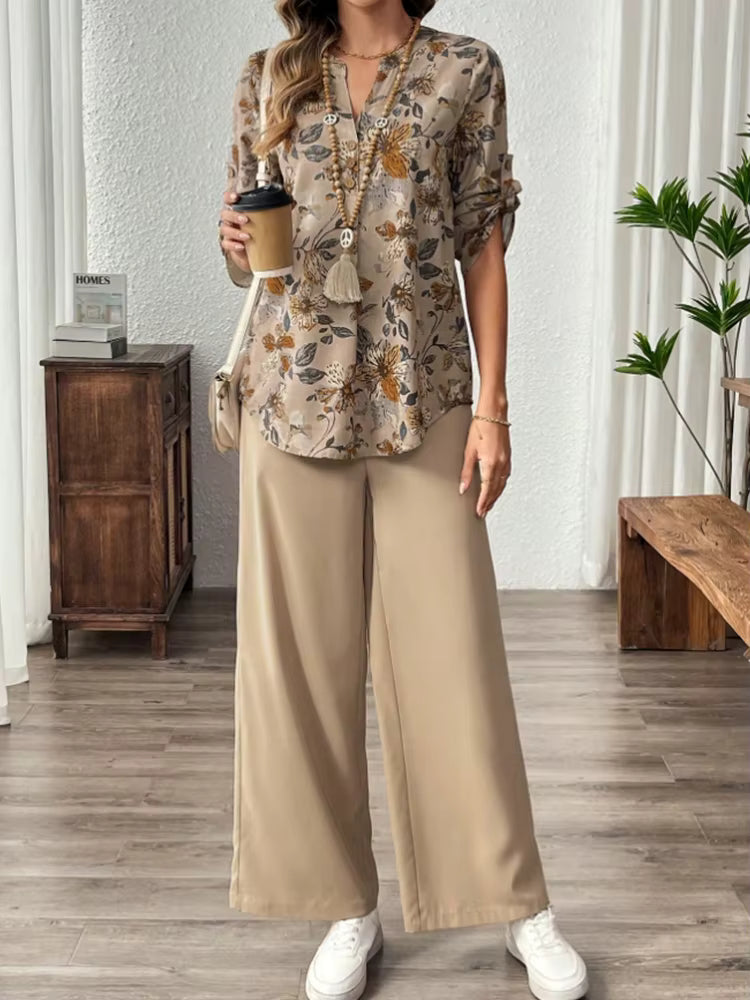 Elegant Soft Chiffon Draping Floral Print V-Neck Top And Wide Leg Pants Two-Piece Set