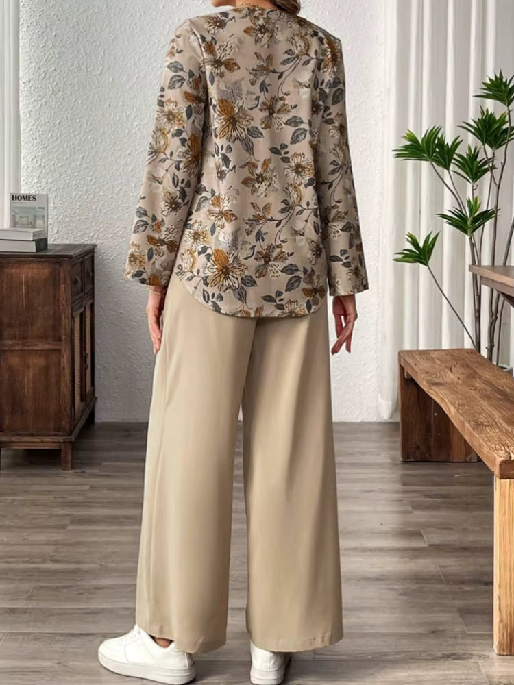 Elegant Soft Chiffon Draping Floral Print V-Neck Top And Wide Leg Pants Two-Piece Set