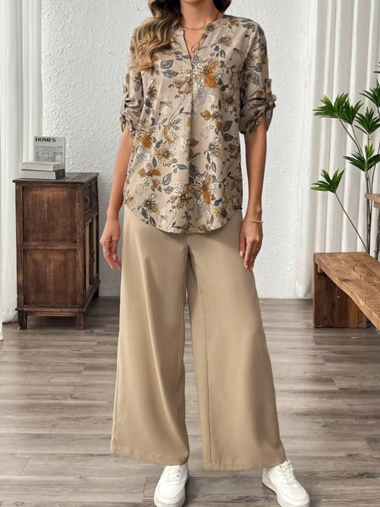Elegant Soft Chiffon Draping Floral Print V-Neck Top And Wide Leg Pants Two-Piece Set