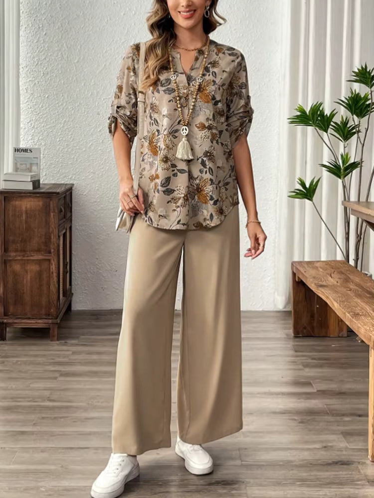 Elegant Soft Chiffon Draping Floral Print V-Neck Top And Wide Leg Pants Two-Piece Set