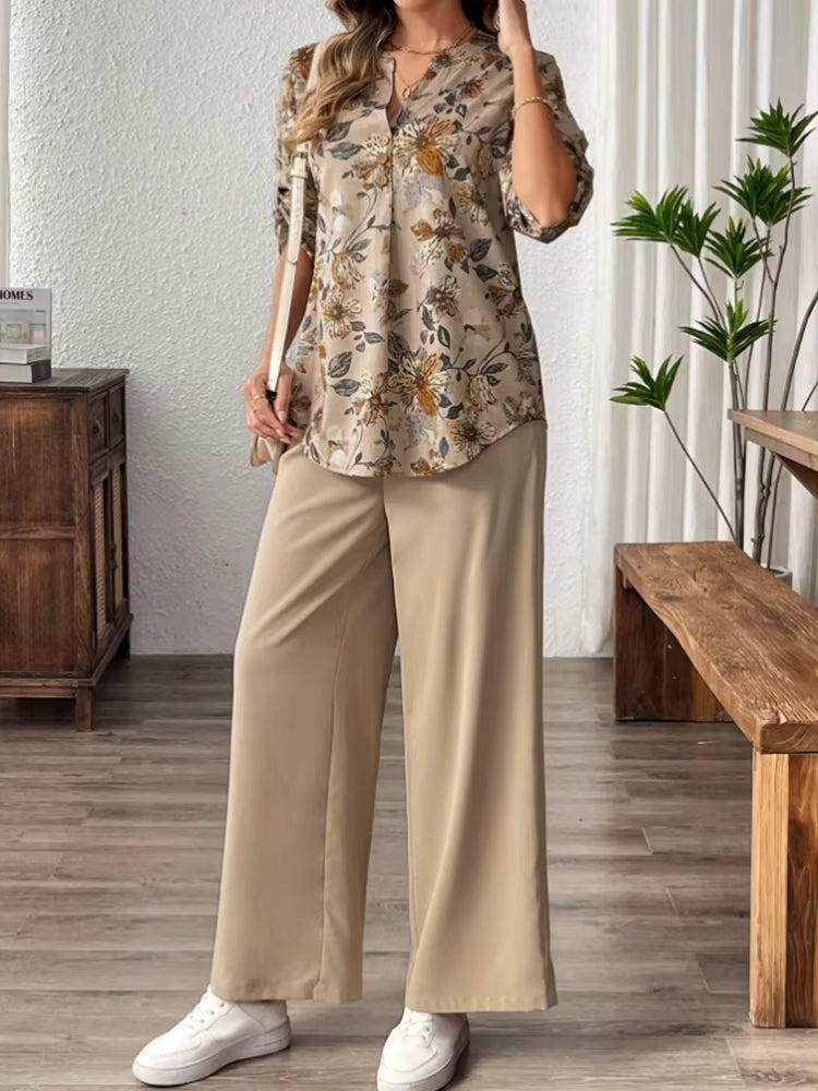 Elegant Soft Chiffon Draping Floral Print V-Neck Top And Wide Leg Pants Two-Piece Set
