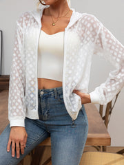 Elegant Solid Color Mesh Sunscreen Long Sleeve Zipper Hooded Jacket