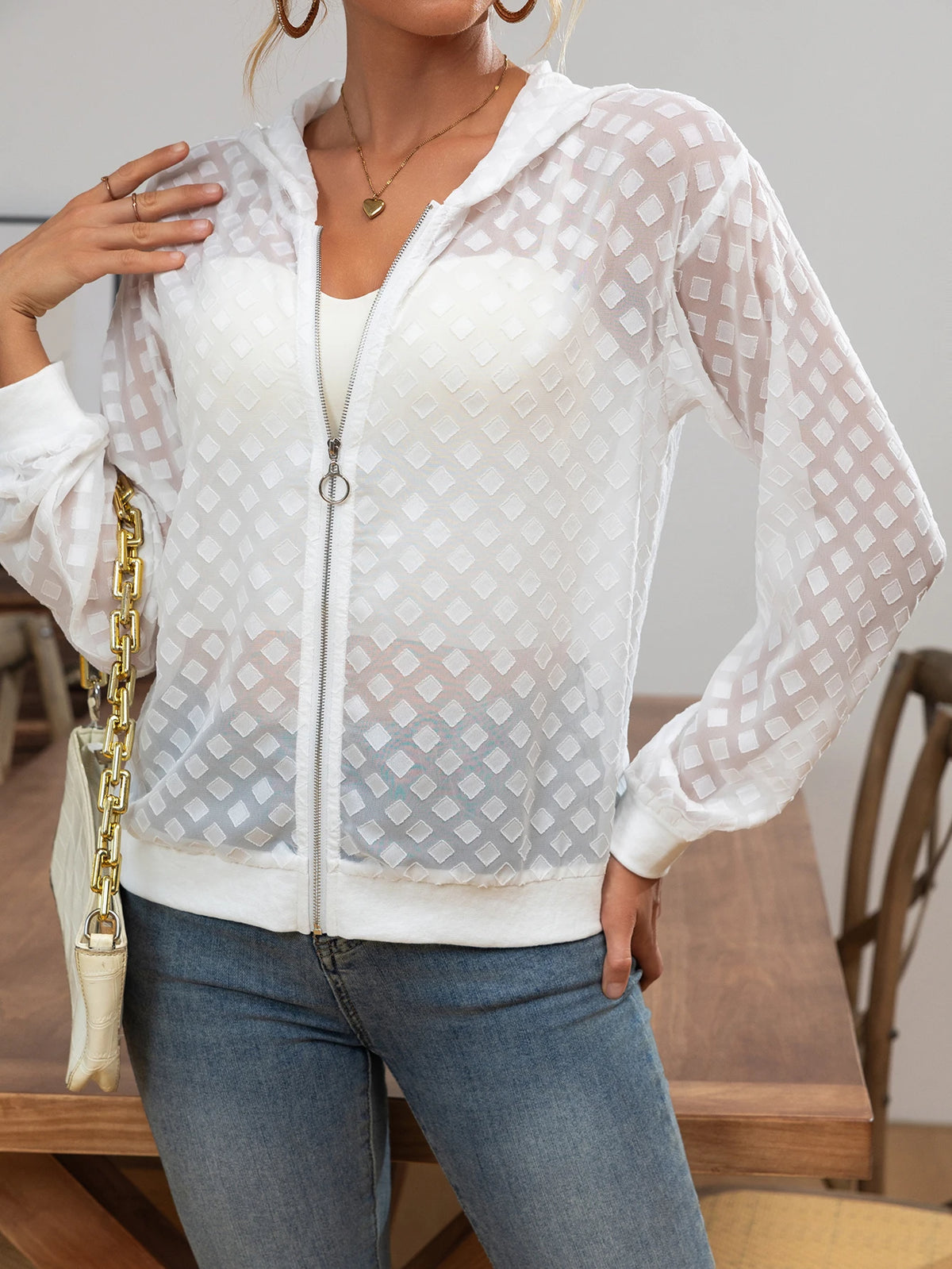 Elegant Solid Color Mesh Sunscreen Long Sleeve Zipper Hooded Jacket
