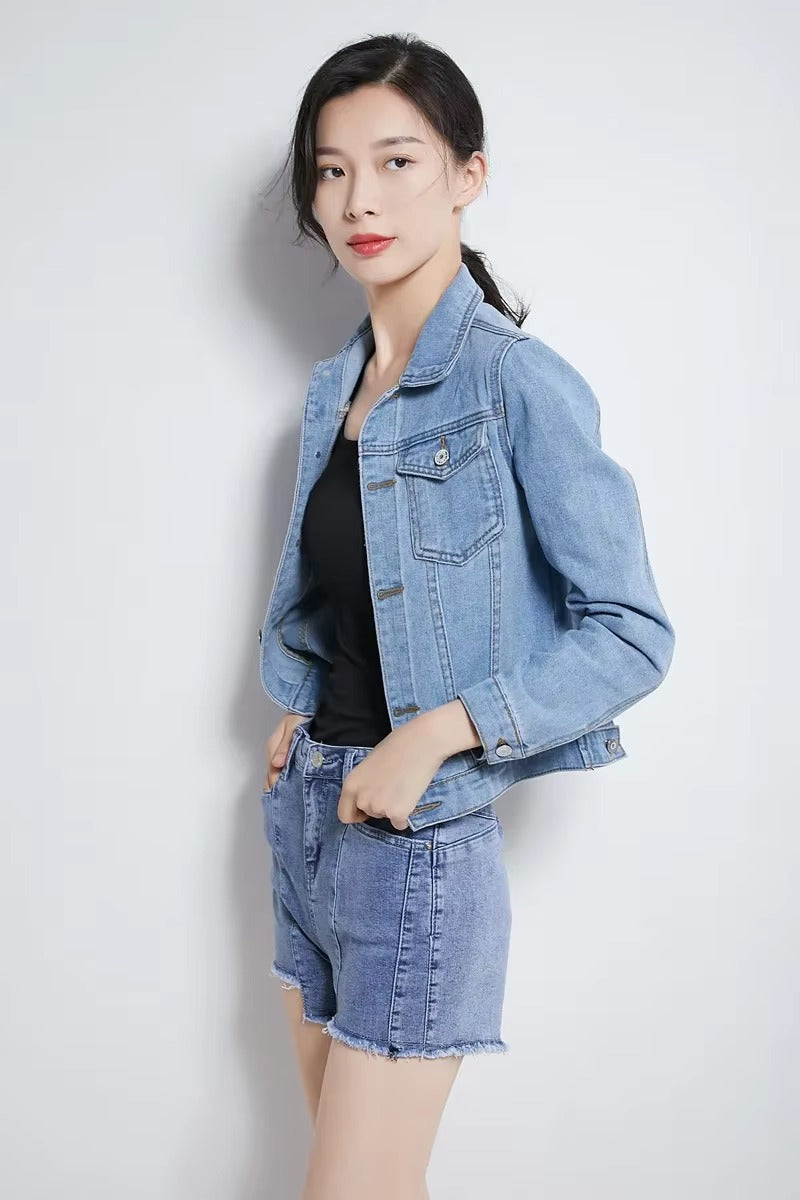 Elegant Solid Full Sleeve Button Pocket Loss Slim Fit Jeans Denim Jacket