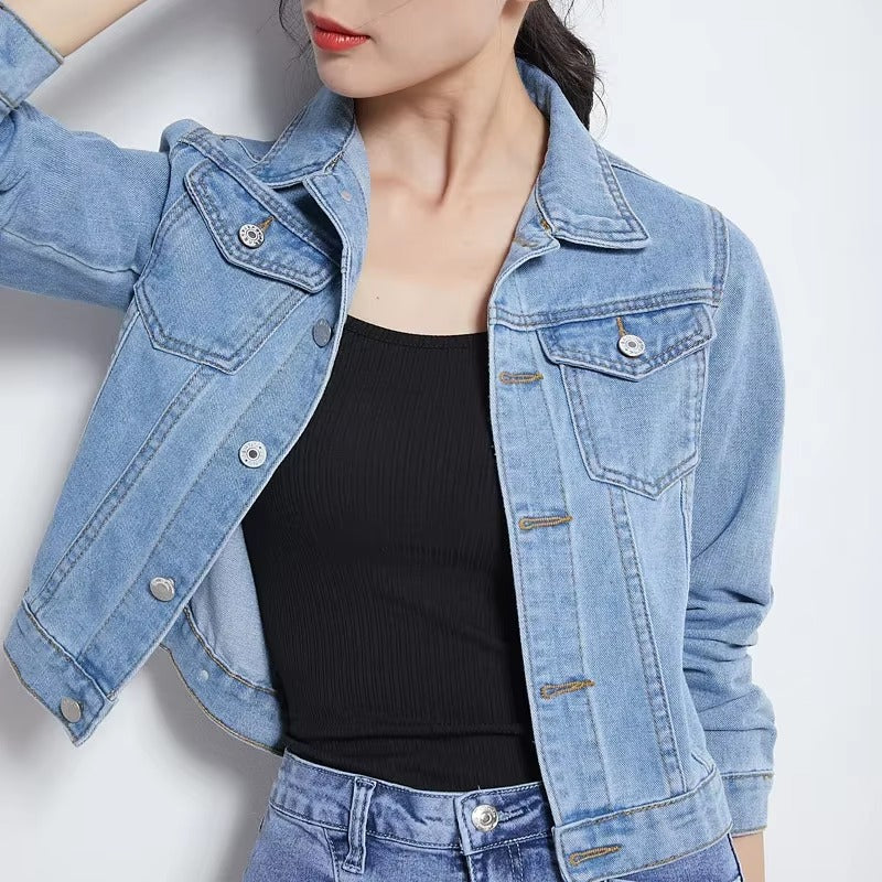 Elegant Solid Full Sleeve Button Pocket Loss Slim Fit Jeans Denim Jacket