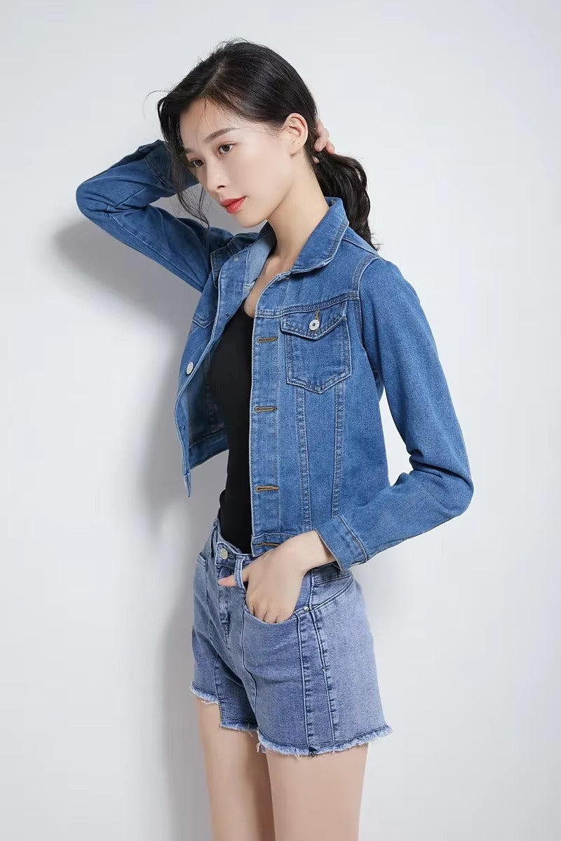 Elegant Solid Full Sleeve Button Pocket Loss Slim Fit Jeans Denim Jacket