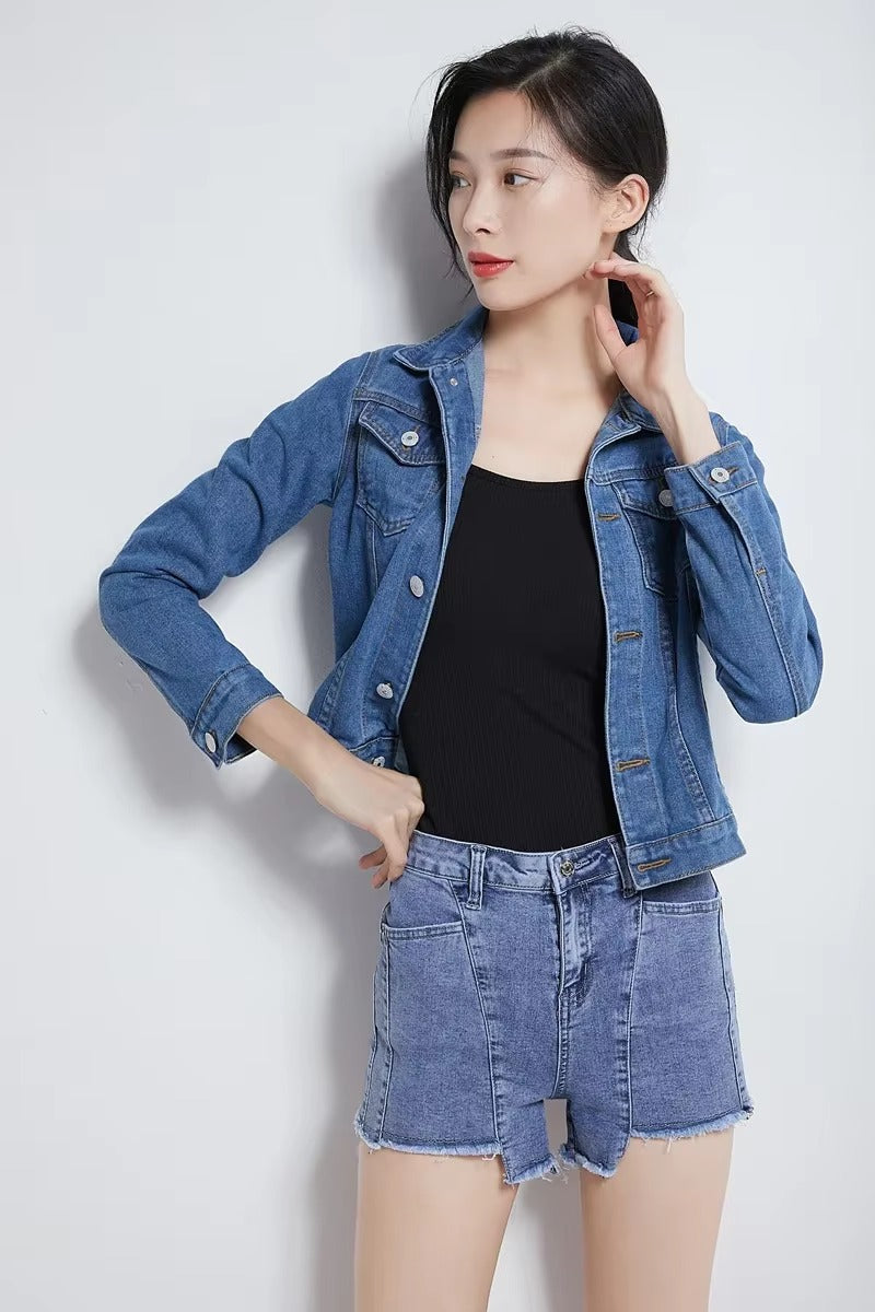 Elegant Solid Full Sleeve Button Pocket Loss Slim Fit Jeans Denim Jacket