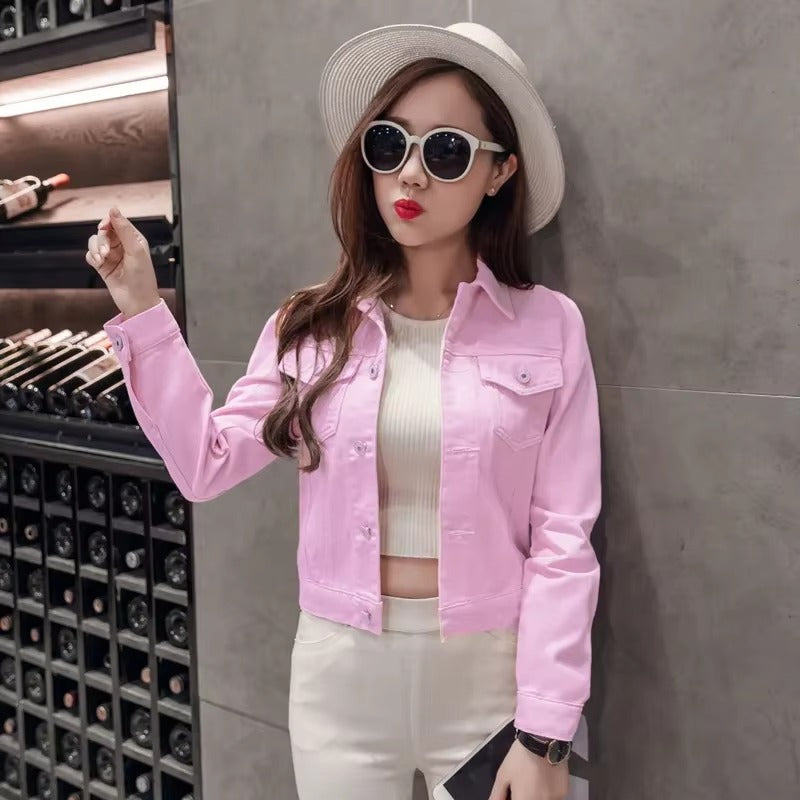 Elegant Solid Full Sleeve Button Pocket Loss Slim Fit Jeans Denim Jacket