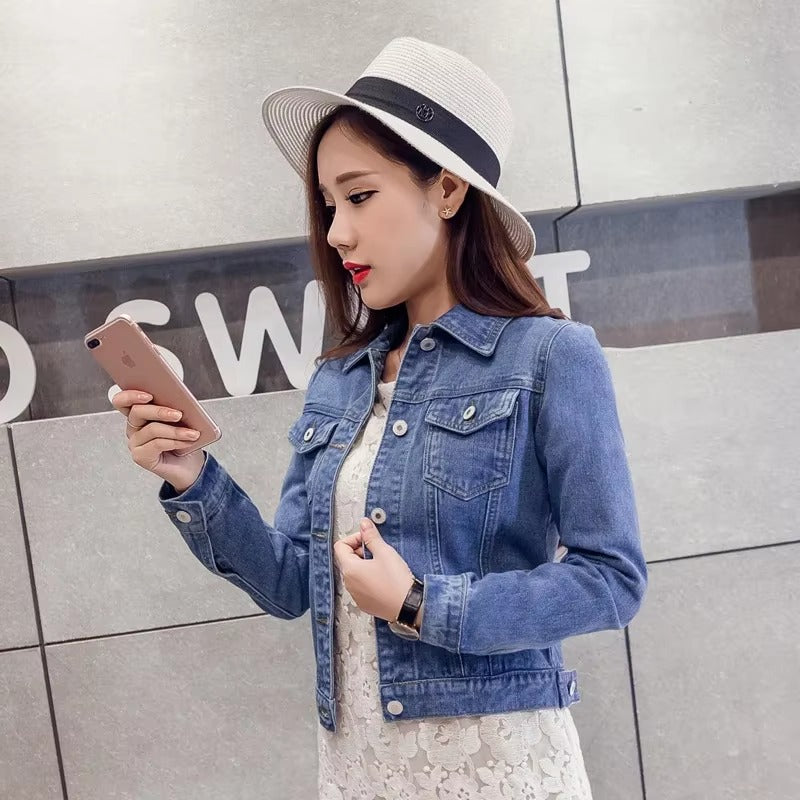 Elegant Solid Full Sleeve Button Pocket Loss Slim Fit Jeans Denim Jacket
