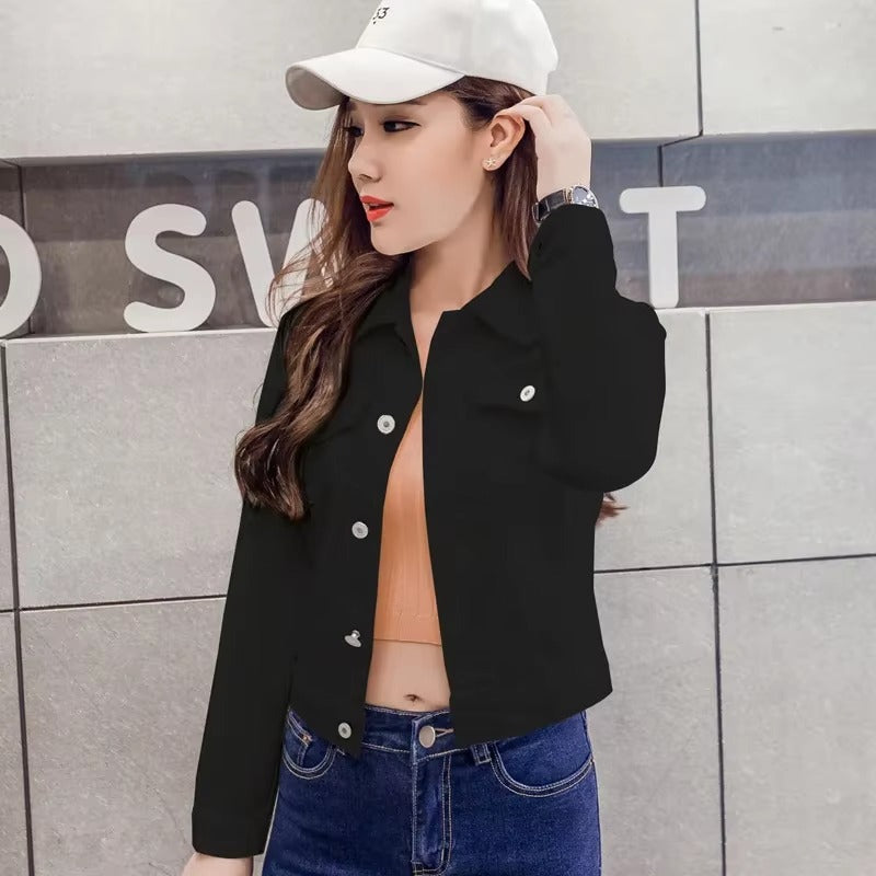 Elegant Solid Full Sleeve Button Pocket Loss Slim Fit Jeans Denim Jacket