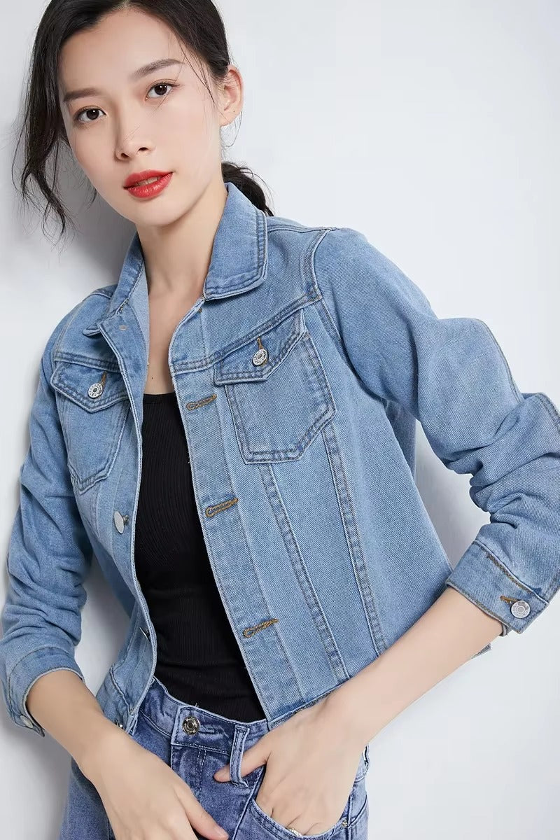 Elegant Solid Full Sleeve Button Pocket Loss Slim Fit Jeans Denim Jacket