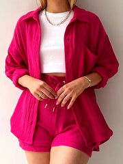 Elegant Solid Full Sleeves Beach Outfit Two Piece Suit Short Sets