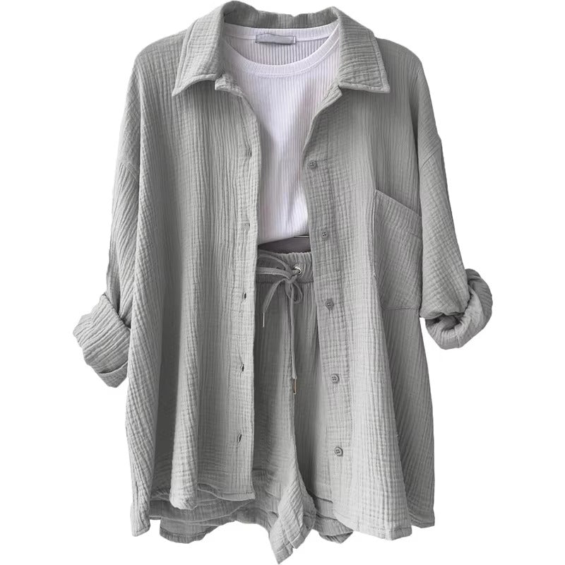 Elegant Solid Full Sleeves Beach Outfit Two Piece Suit Short Sets