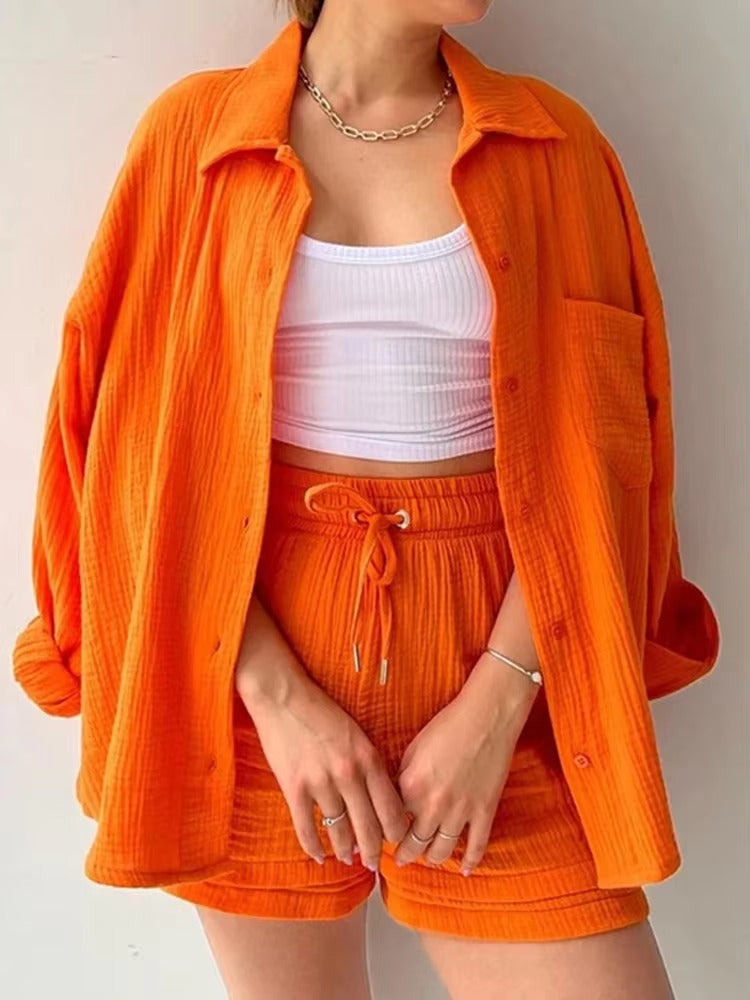 Elegant Solid Full Sleeves Beach Outfit Two Piece Suit Short Sets
