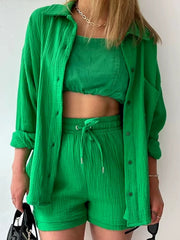 Elegant Solid Full Sleeves Beach Outfit Two Piece Suit Short Sets