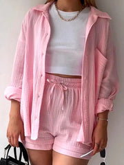 Elegant Solid Full Sleeves Beach Outfit Two Piece Suit Short Sets