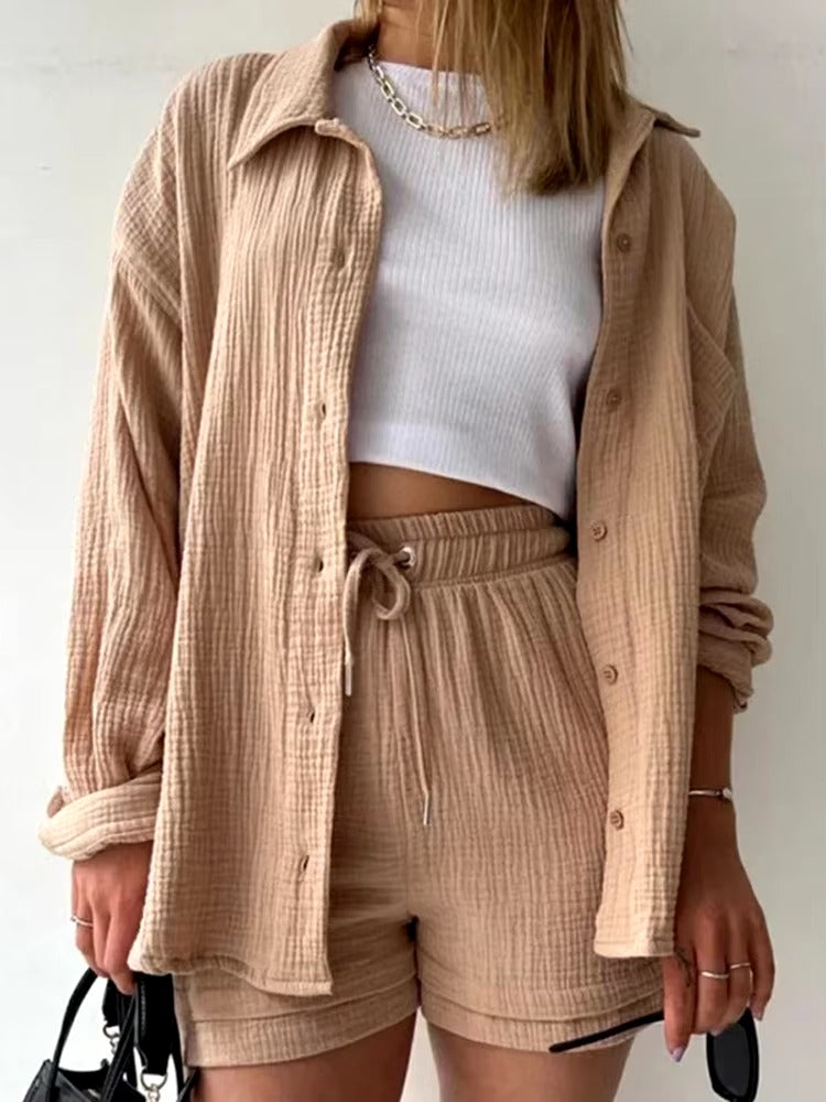 Elegant Solid Full Sleeves Beach Outfit Two Piece Suit Short Sets
