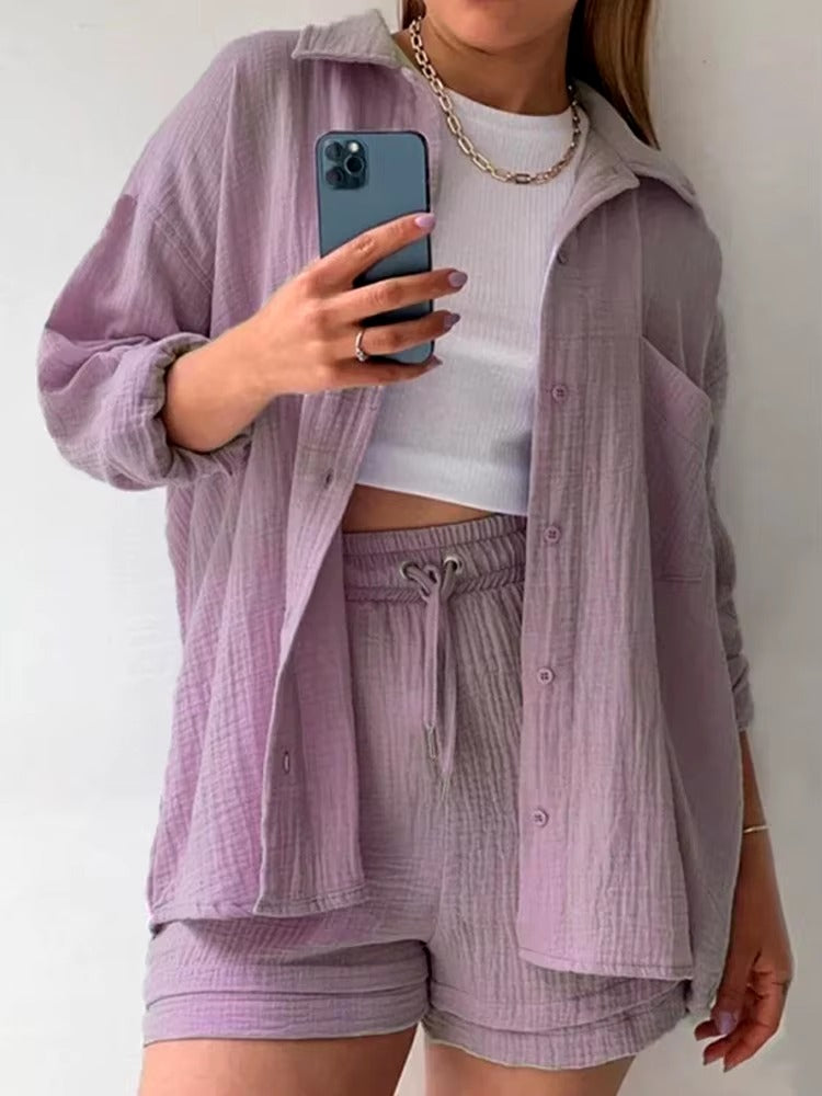 Elegant Solid Full Sleeves Beach Outfit Two Piece Suit Short Sets