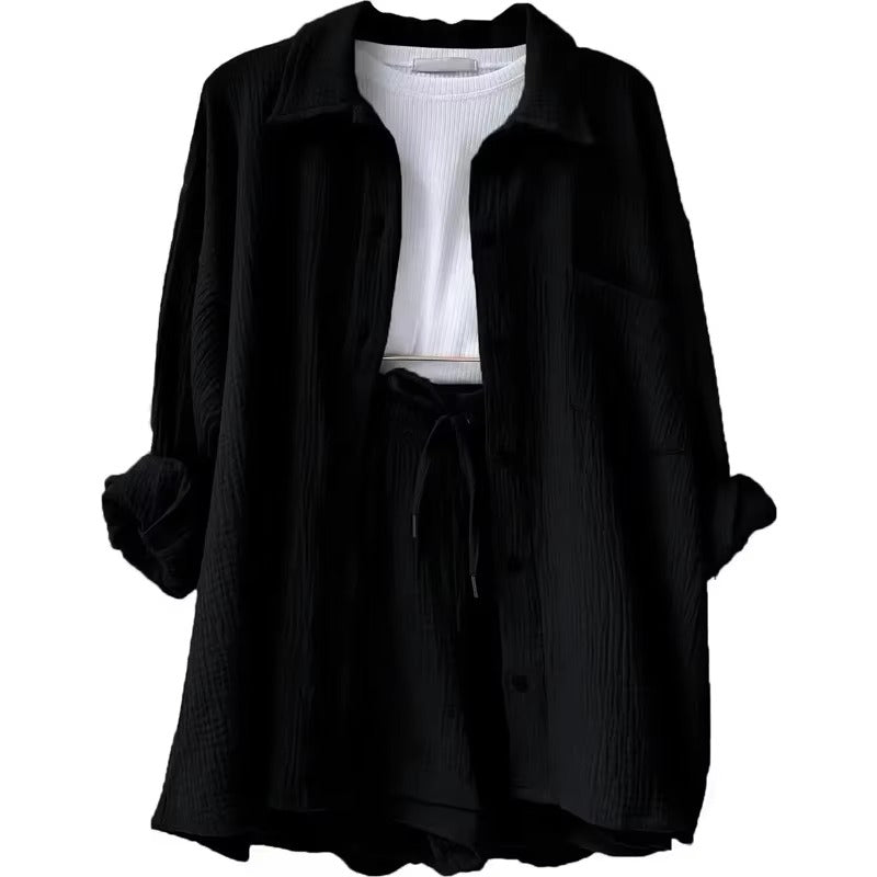 Elegant Solid Full Sleeves Beach Outfit Two Piece Suit Short Sets