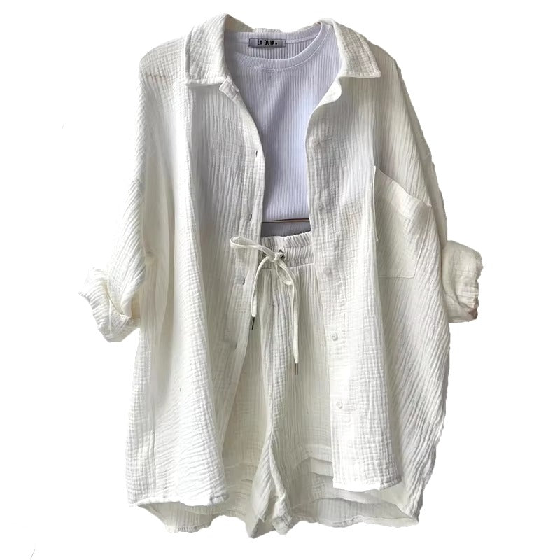 Elegant Solid Full Sleeves Beach Outfit Two Piece Suit Short Sets