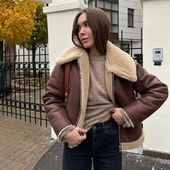 Elegant Solid Lamb Woolen Patchwork Chic Lapel Long Sleeve Zipper Leather Thicken Jacket