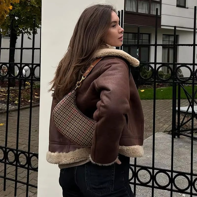 Elegant Solid Lamb Woolen Patchwork Chic Lapel Long Sleeve Zipper Leather Thicken Jacket