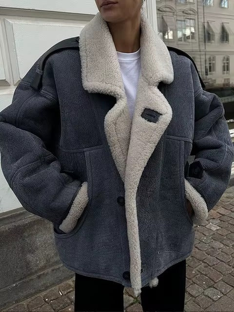 Elegant Solid Lamb Woolen Patchwork Chic Lapel Long Sleeve Zipper Leather Thicken Jacket