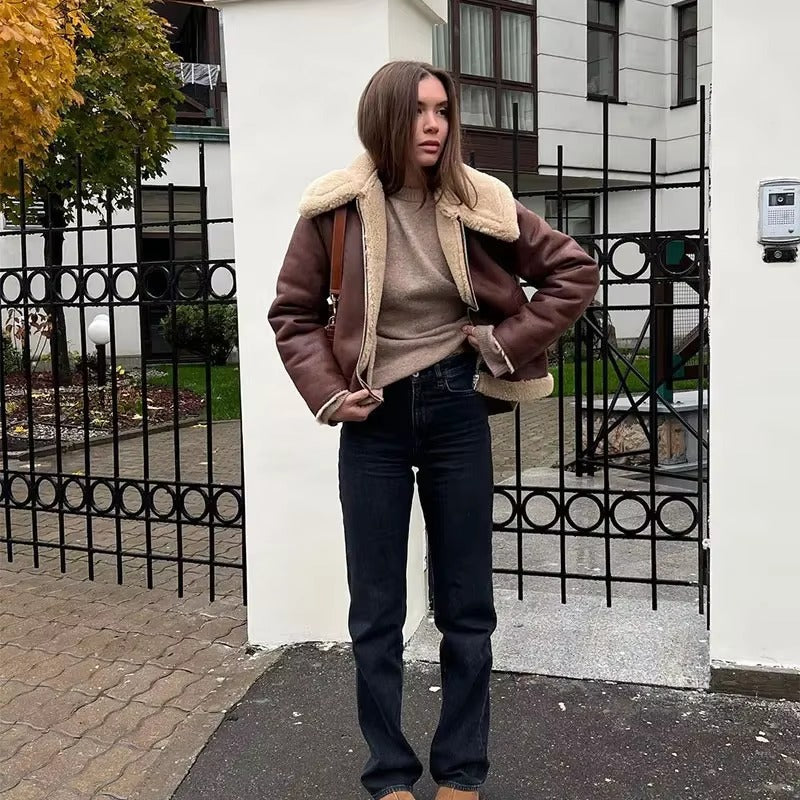 Elegant Solid Lamb Woolen Patchwork Chic Lapel Long Sleeve Zipper Leather Thicken Jacket